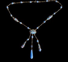 Antique Art Deco Czech Satin Glass Tasseled Lavalier Necklace w/Applied Flowers picture