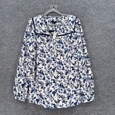 Talbots Blouse Womens Medium Blue Floral Lace Trim Button Front Casual NEW picture