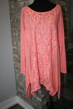 NEW Cupio Peach Linen Blend Partial Floral Lace Lightweight Tunic Sweater SZ XL picture
