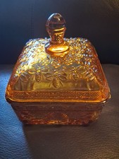 Vintage Indiana Glass Tiara Honey Bee Box Amber Pressed Glass Covered Dish  picture