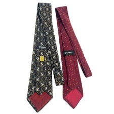 Chanel Paris Silk Necktie Lot of 2 Men's Designer Luxury Logo Chain CC Pattern picture