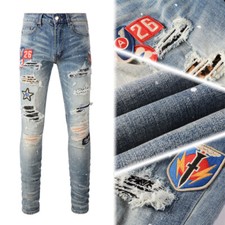 Men's Vintage Distressed Stretch Denim Skinny Jeans with Patches and Studs picture