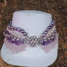 Vintage Multi-Strand Gray Pearl Purple Pink Amethyst Rose Quartz Vintage w/Clasp picture
