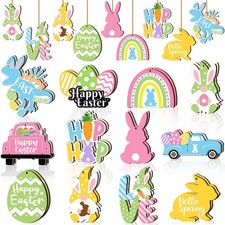 Marsui 24 Pcs Easter Ornaments for Tree Happy Wooden Hanging Assorted  picture