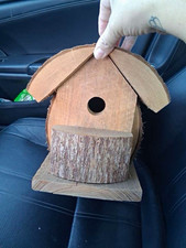 Hanging Wooden Bird House Rustic Log Cabin Bark Roof Wire Hanger Brown picture