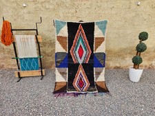Moroccan Azilal Rug Black Cream Colorful Diamond Berber Wool Area Carpet picture