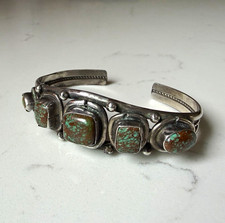 Vintage Jimmy Emerson Navajo 925 Green Turquoise Row Cuff Bracelet Signed JE picture