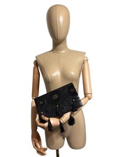 Vtg Gianni Versace 80s Black Leather Tassel Clutch Bag picture