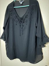 Maggie Barnes Women's Blouse Black Chiffon Sheer V-Neck Tie, Cut-Out 22W picture