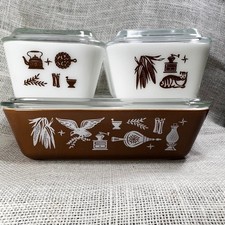 Vintage Pyrex Early American Refrigerator Set 501 502 503 Milk Glass Brown Gold picture