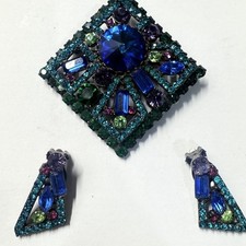 RARE 1968 JULIANA D&E NEON GEOMETRIC BLUE RIVOLI BROOCH EARRINGS DEMI PARURE picture
