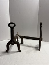 Set Of 2 Antique Fireplace Andirons Dogs Cast Iron Star Loop Design AS IS picture