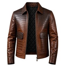 Mens Brown Real Leather Crocodile Pattern Genuine Fashion Jacket Alligator Print picture