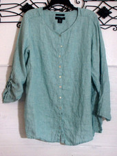Tahari Women's Linen Top Size 2X Long Sleeve Green Button Up picture