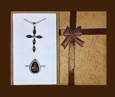DEAL FINE Exquisite 925SS Brown Smoky Quartz CZ Cross Necklace & Halo Ring 9 Set picture