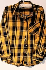 TIME AND TRU Button Up Shirt Women Size L Yellow Black Check Plaid Flannel Top picture