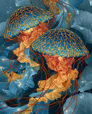Orange and Blue Jellyfish Pair Drifting Underwater Print - 319421902 picture