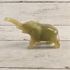 Vintage Hand Carved Green Stone Elephant Figurine Trunk Up Luck Decor 3.75in picture