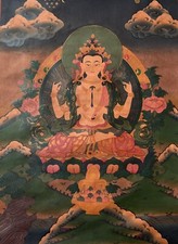 SIX ARMED AVALOKITESHVARA CHENREZIG OLD OIL-VARNISHED TIBETAN THANGKA PAINTING picture