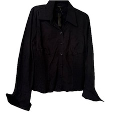 NWT $150.00  BCBGMaxAzria  Smocked Panel  Embroidered  Black L/S Button Front XL picture