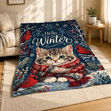 Hello Winter Cat Cardinals Coral Fleece Blanket Seasonal Decor picture