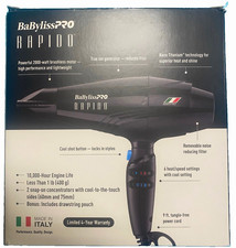 BaBylissPRO Rapido 2000W Black Hair Dryer Ionic Cool Shot w/ 2 Nozzles picture
