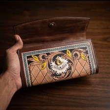 Handcrafted Tooled Leather  Western Clutch Wallet Boho Floral Checkbook Purse picture