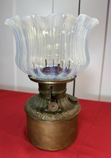 Antique c1890s Victorian Brass Center Draft Oil Lamp Opalescent Ruffled Shade picture