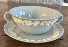 Wedgwood Embossed Queens Ware Cream on Lavender Soup Bowl Saucer Set 1957 LOT 11 picture