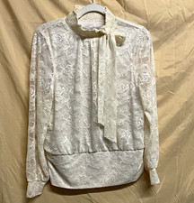 Chico's Cream Floral Lace Tie Neck High Neck Long Sleeve Lined Blouse Sz 1 picture