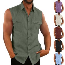 New Mens Casual Shirt Summer Sleeveless Button Down Muscle Fit Tank Tops Vest A+ picture
