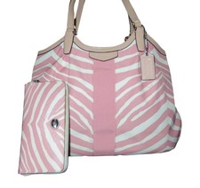 COACH Devin Tote & Peyton Long Wallet Tulle Zebra Stripe Print Cream & Pink  picture