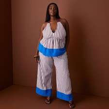 Rosie Assoulin Women's Striped Drawstring Wide Leg Casual Pants - Burgundy/Blue picture