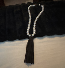 White Fresh Water Pearl Beaded Necklace, Black Leather Tassel picture