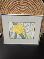 Vtg 1989 Original Botanical Watercolor Yellow Tulip 8x10 Silver Frame picture