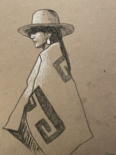 Original Fine Art Charcoal Native American Indian Paper  8x10 picture