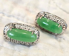 LOVELY VINTAGE STERLING SILVER/JADE PIERCED EARRINGS GREEK KEY DESIGN ~ S picture