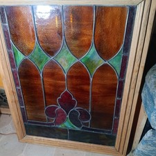 Vintage Leaded Stained Glass Window in Heavy Solid Oak Frame 22x28 Arch Motif picture