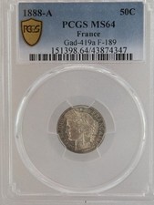 1888 a France 50 Centimes Silver Coin PCGS MS 64 GAD-419a F-189 picture