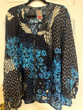 Johnny Was Womens Sz 2X Black Blue Floral Bird Silk Satin Button V-Neck Blouse picture