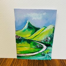 ACEO Landscape Mountain Range Green Village Watercolor Painting Art Unframe NEW picture