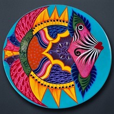 Vtg Talavera Fish Tray Wall Plaque Folk Art Large Mexican Pottery Plate Tray 16