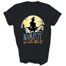 Namaste Witch Print T-Shirt Funny Halloween Yoga Themed Unisex Tee S-5XL picture