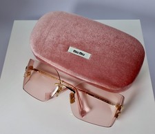 Miu Miu MU 54YS ZVN20F 80mm Runway Rectangle Sunglasses in Gold with Pink Lens picture