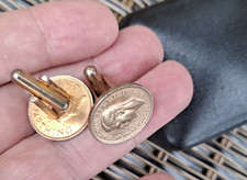 Vintage 1942 & 1945 George VI Gold Plated Cased Wren Farthing Coin Cufflinks picture