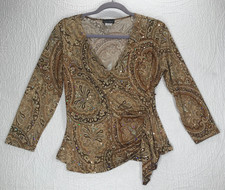 Vintage Brittany Black Top Size M Faux Wrap Ruched Waist Sequined Paisley picture