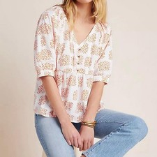 Anthopologie Moglea Danae Poplin Babydoll Blouse Sz XS White/Orange Boho NWT picture