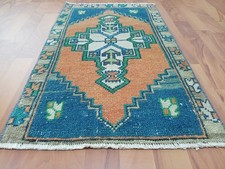 Antique Blue Rug Handmade Turkish Oushak Rug Natural Bath Rug 2x3 Decor Rug picture