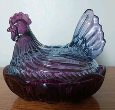 Medium Purple/Blue Glass Chicken Hen on Nest Covered Candy Dish 5 3/4X6 3/4 NEW picture