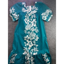 Royal Creations Hawaii Muumuu Dress Womens M Teal White Floral Tropical Ruffle picture